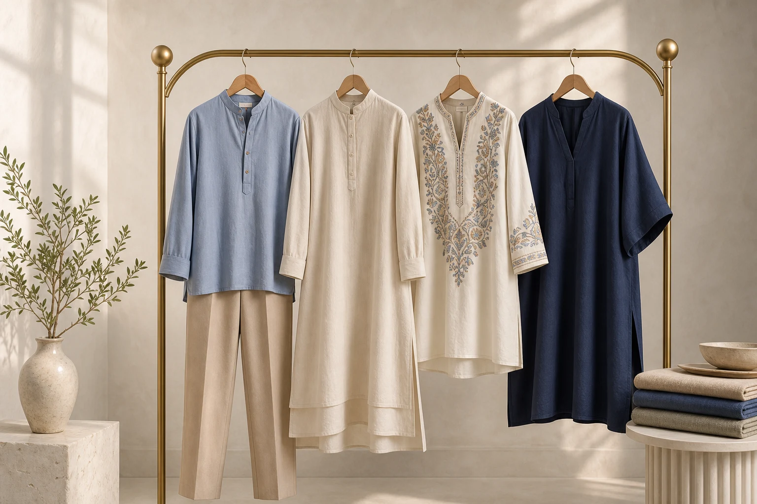 A curated brass rail holding Western, longline, embroidered, and plus-size tunic silhouettes in an ivory editorial studio