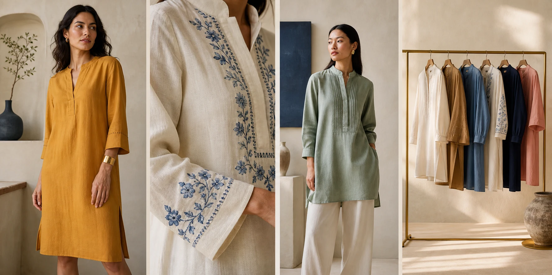 A fashion editorial showing a saffron tunic, blue embroidery detail, a sage tunic, and varied tunics on a garment rail